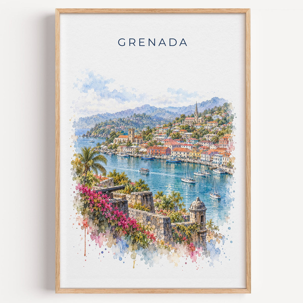 Grenada watercolor print in a light oak frame on a plain white wall