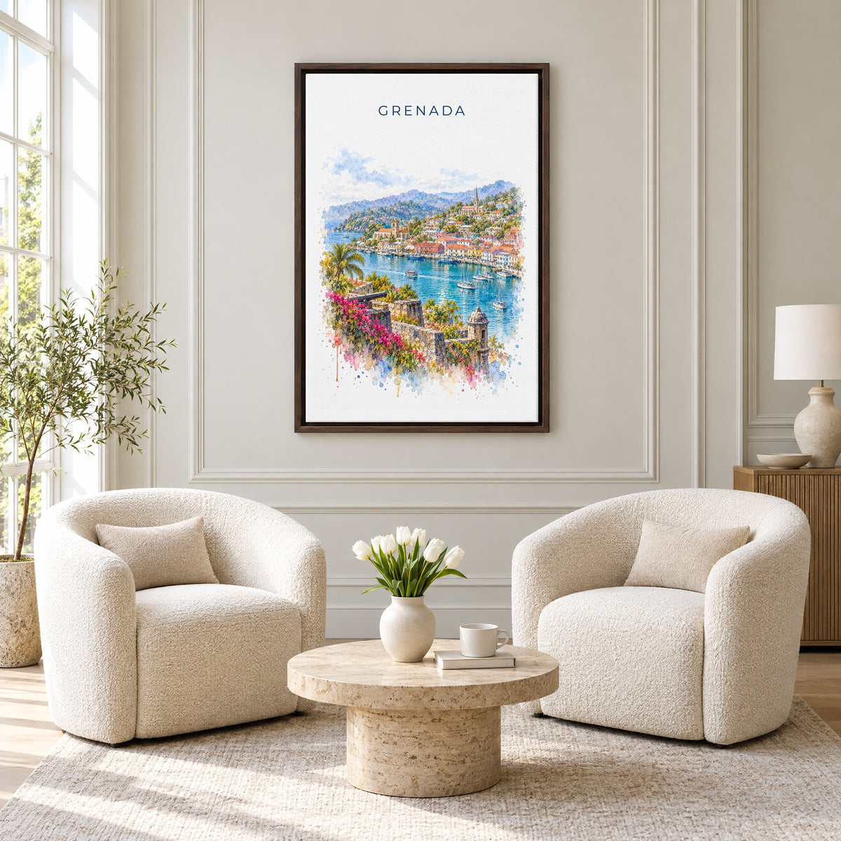 Grenada watercolor print as an espresso floater canvas above two boucle armchairs in a hotel lounge
