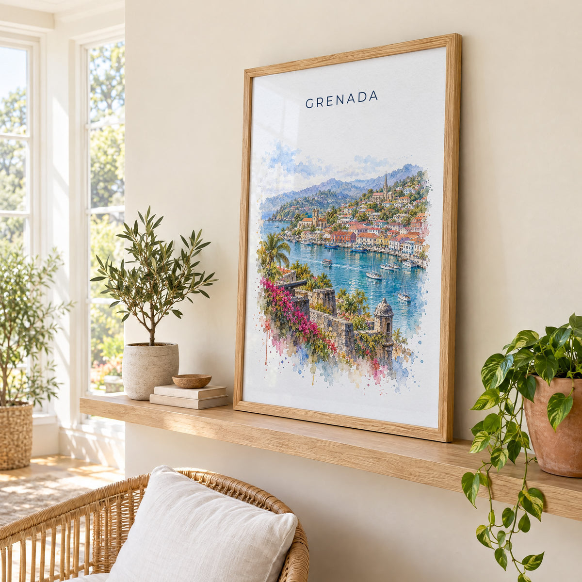 Grenada watercolor print in an oak frame on a picture ledge in a sunlit sunroom