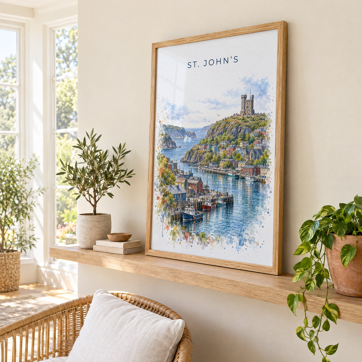 St. John's watercolor print in an oak frame on a picture ledge in a sunlit sunroom