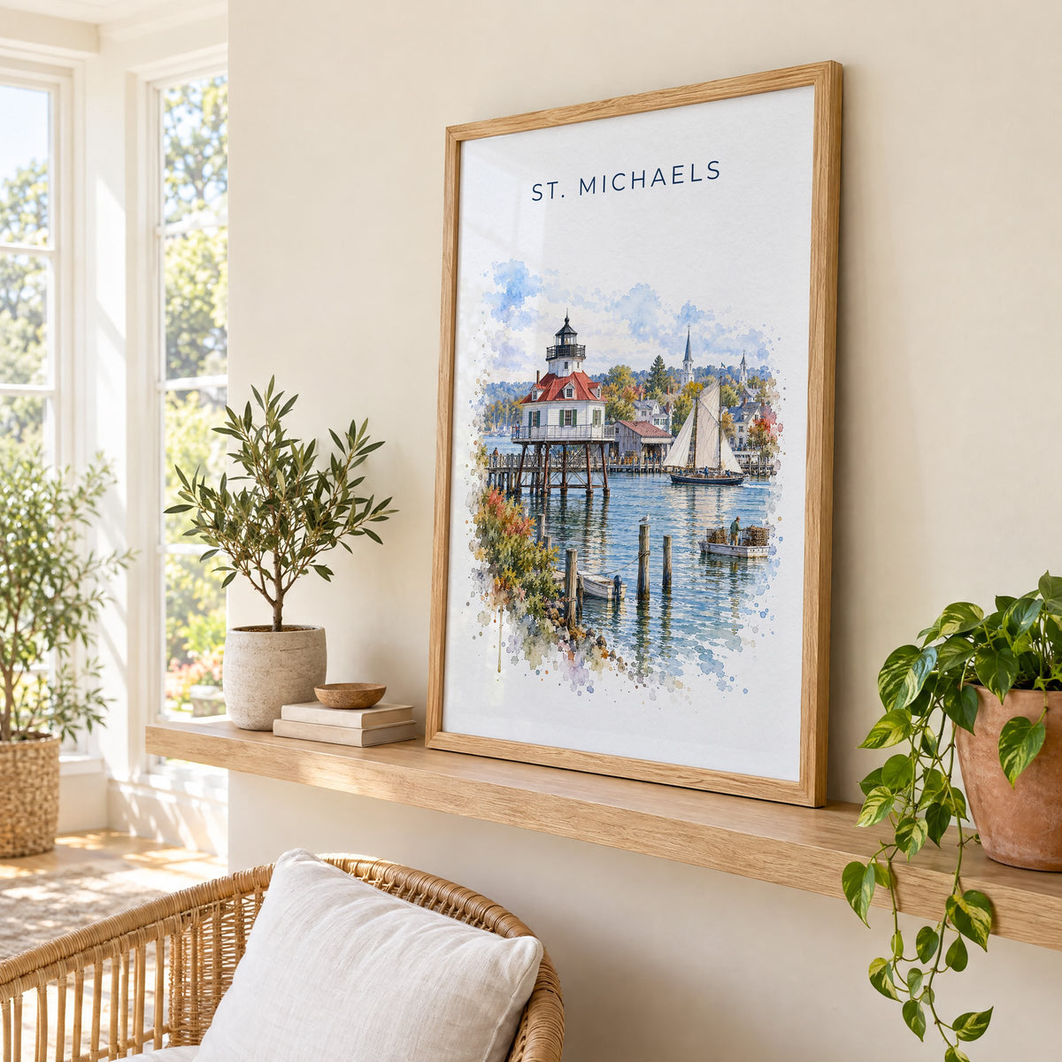St. Michaels, Maryland watercolor print in an oak frame on a picture ledge in a sunlit sunroom