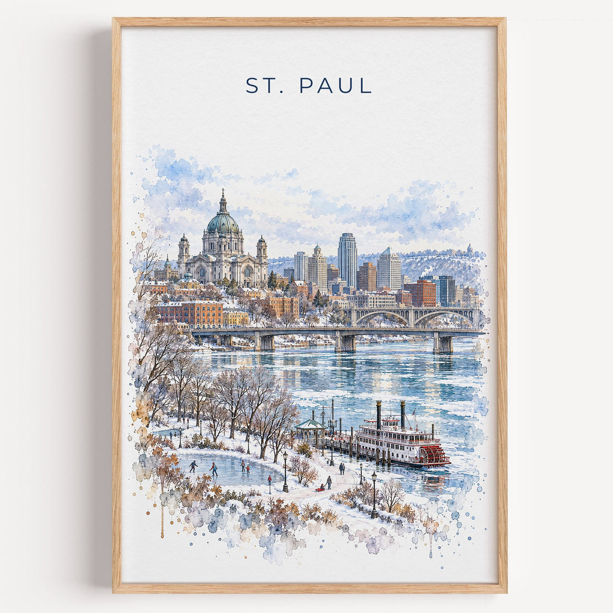 St. Paul watercolor print in a light oak frame on a plain white wall