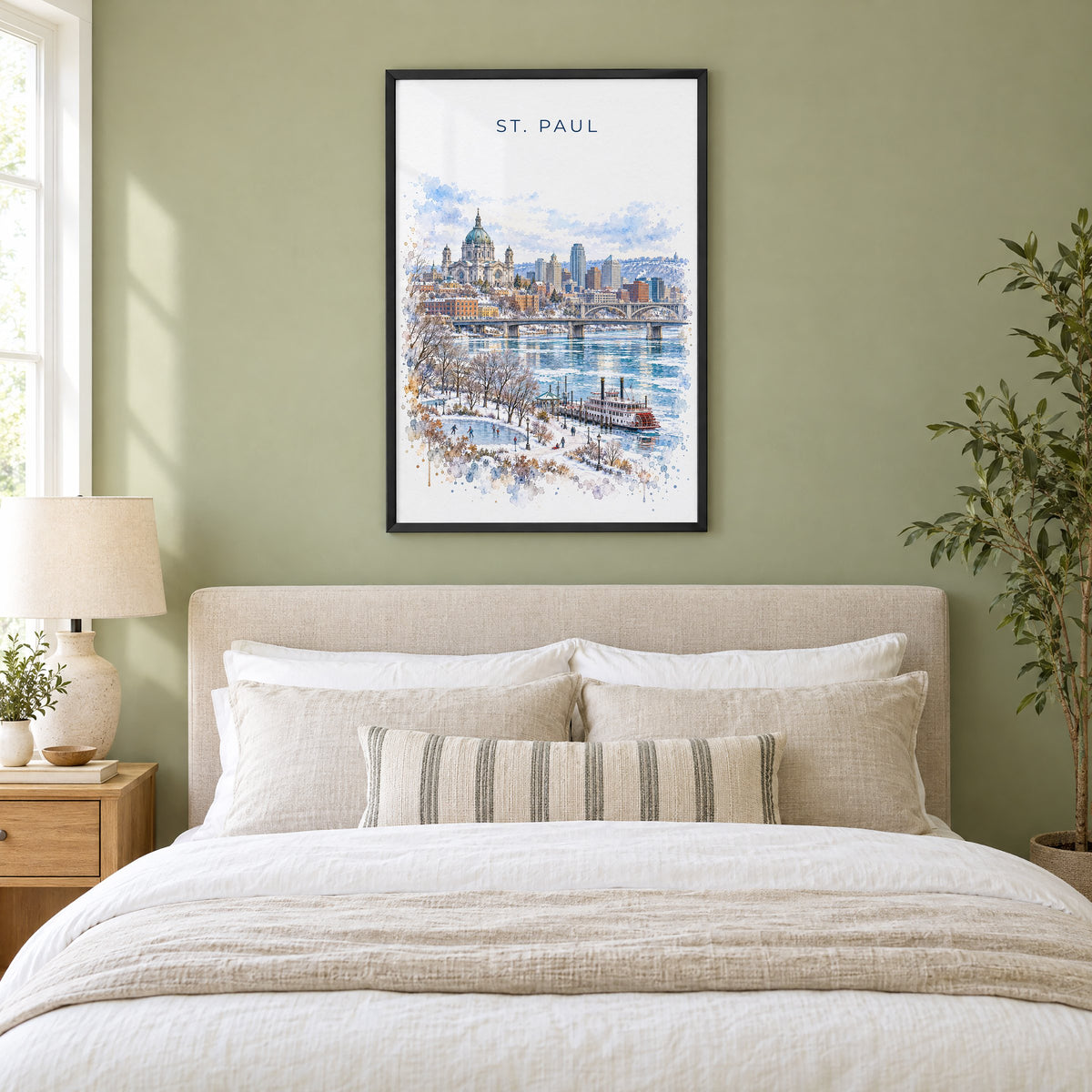 St. Paul watercolor print in a black frame above an upholstered headboard in a sage green bedroom