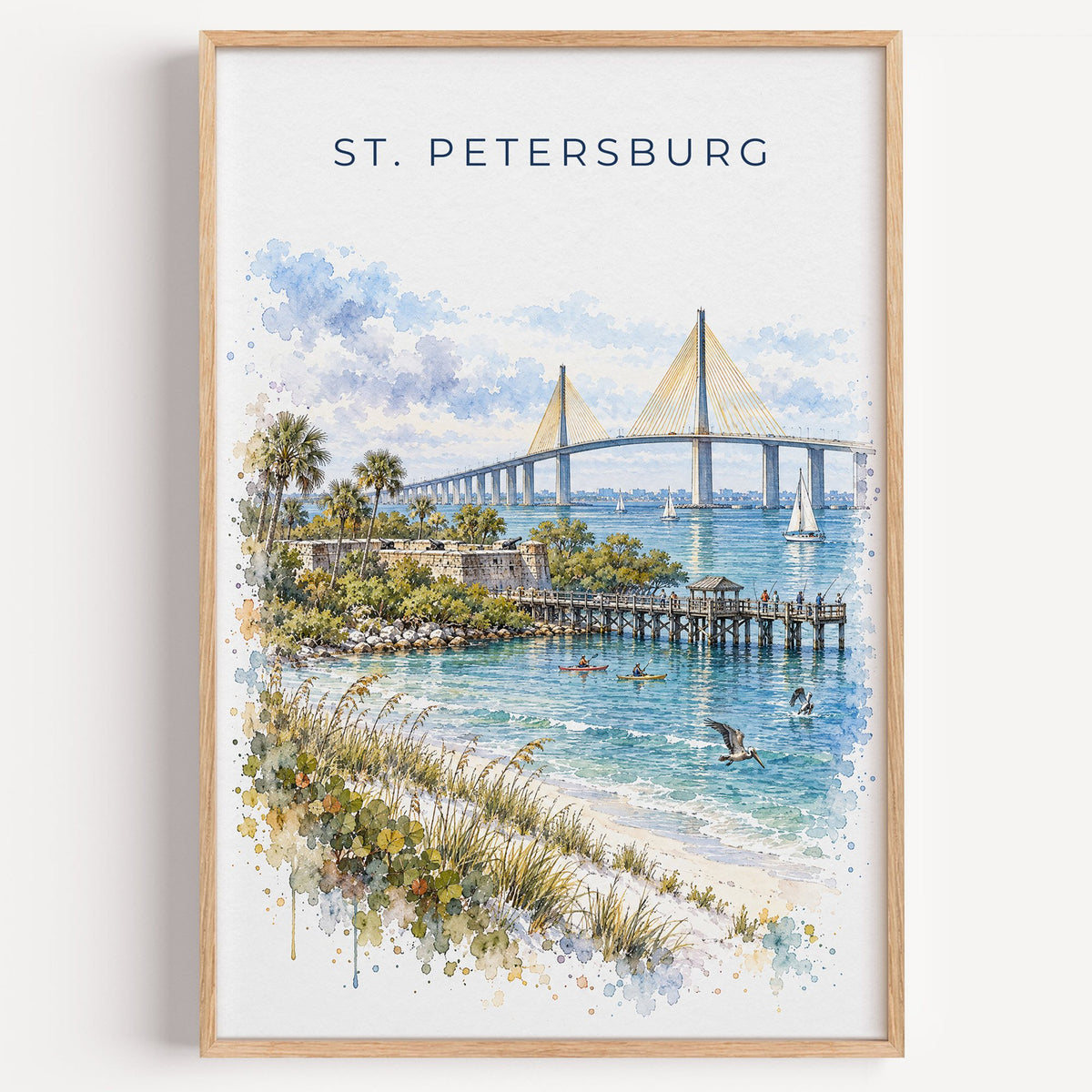 St. Petersburg, Florida watercolor print in a light oak frame on a plain white wall