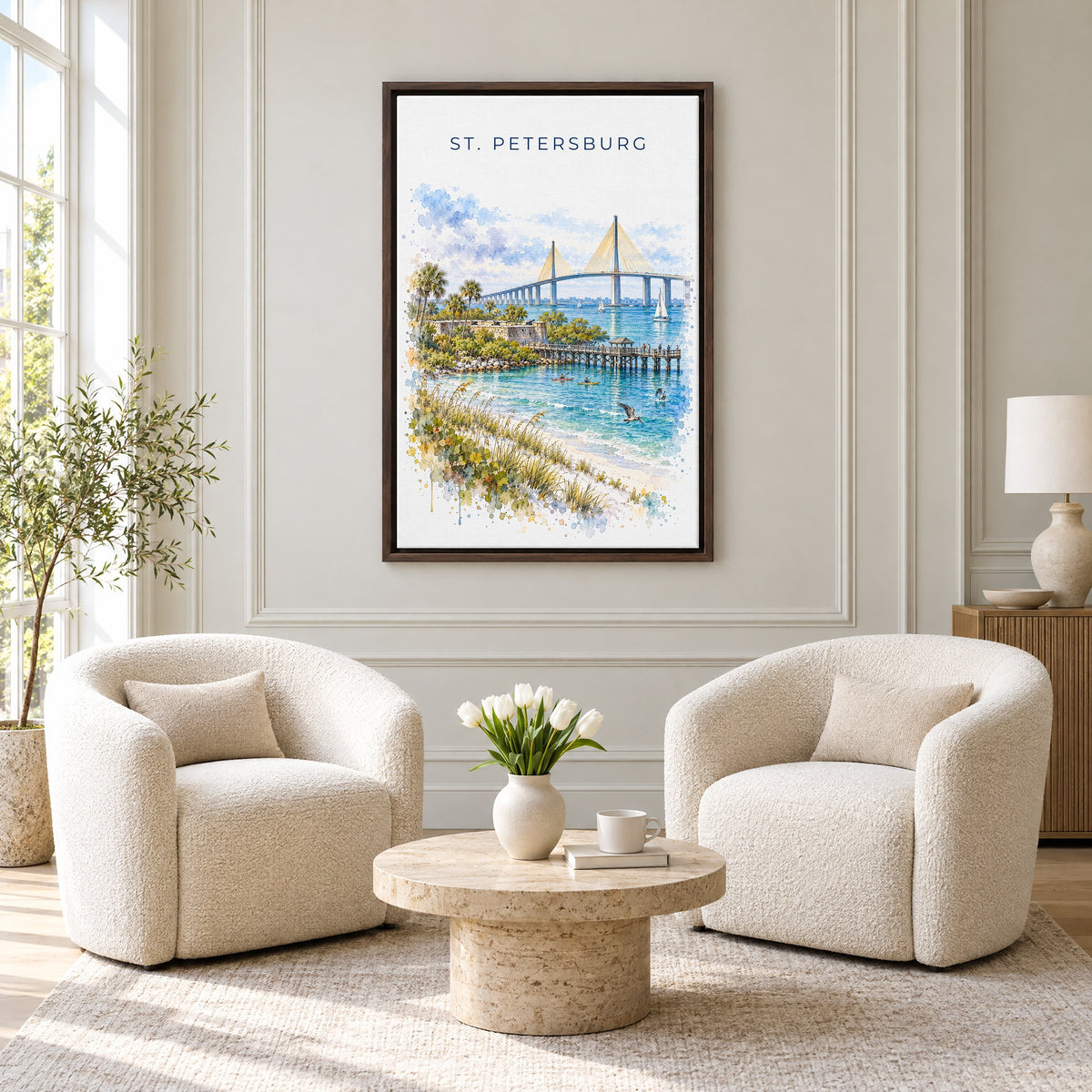 St. Petersburg, Florida watercolor print as an espresso floater canvas above two boucle armchairs in a hotel lounge