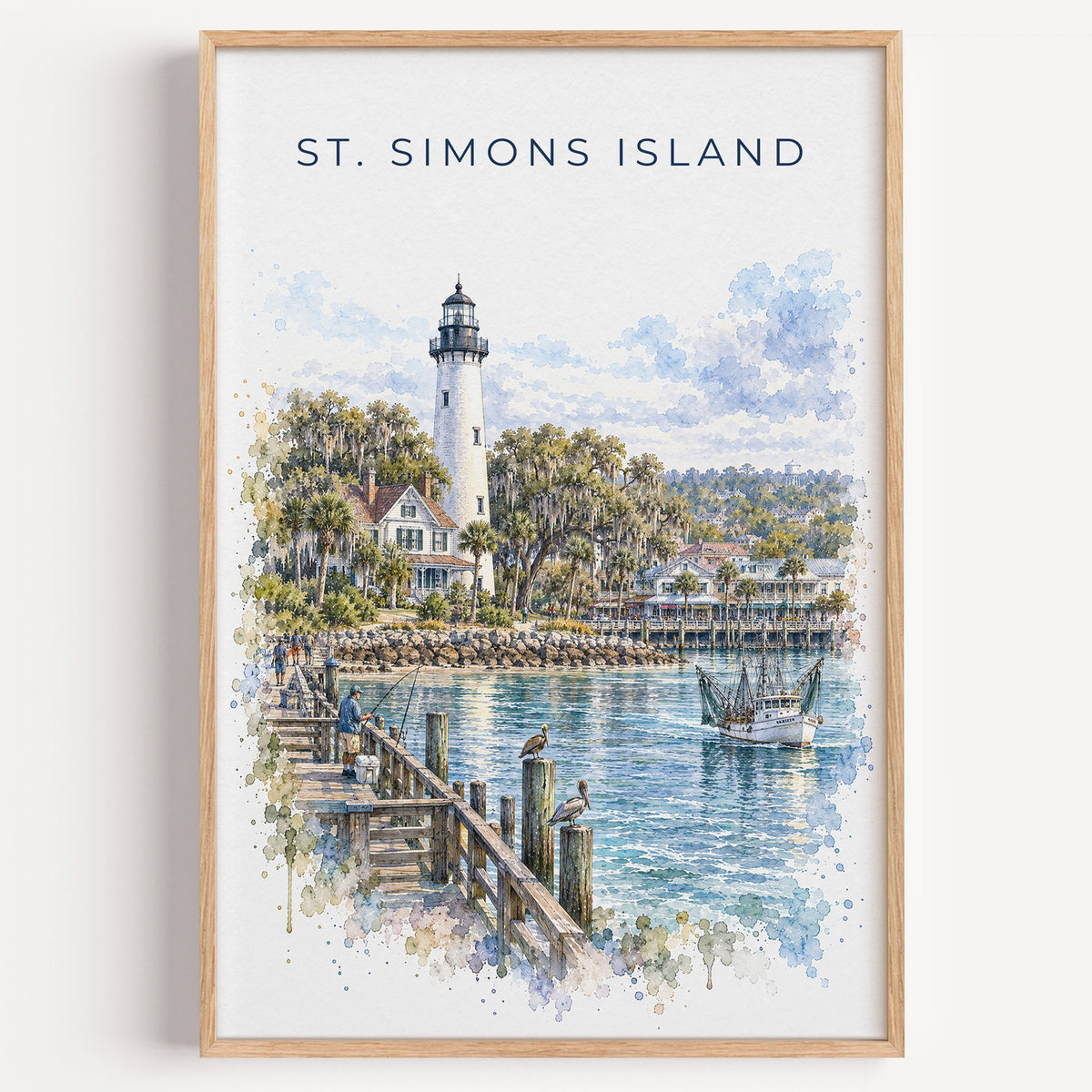 St. Simons Island watercolor print in a light oak frame on a plain white wall