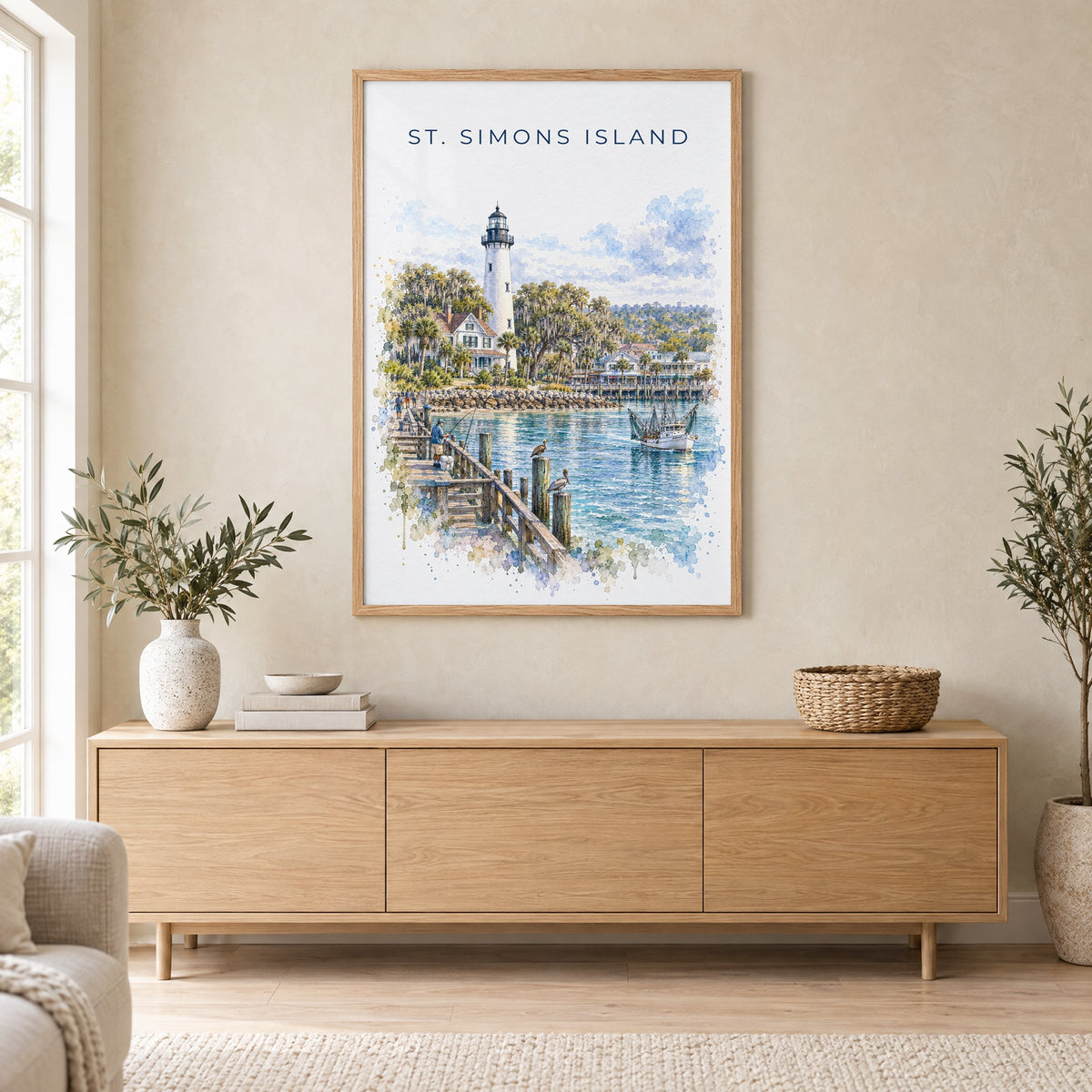 St. Simons Island watercolor print in an oak frame above a light wood sideboard in a Scandinavian living room