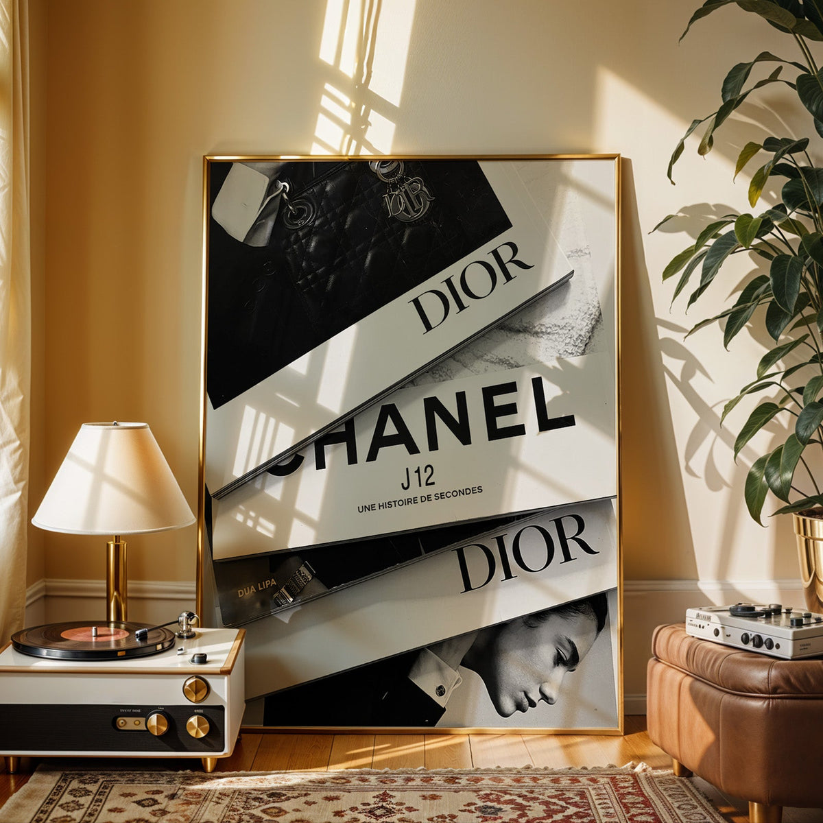 Top-down flat lay of four fashion books print shown in a gold frame beside a record player and table lamp