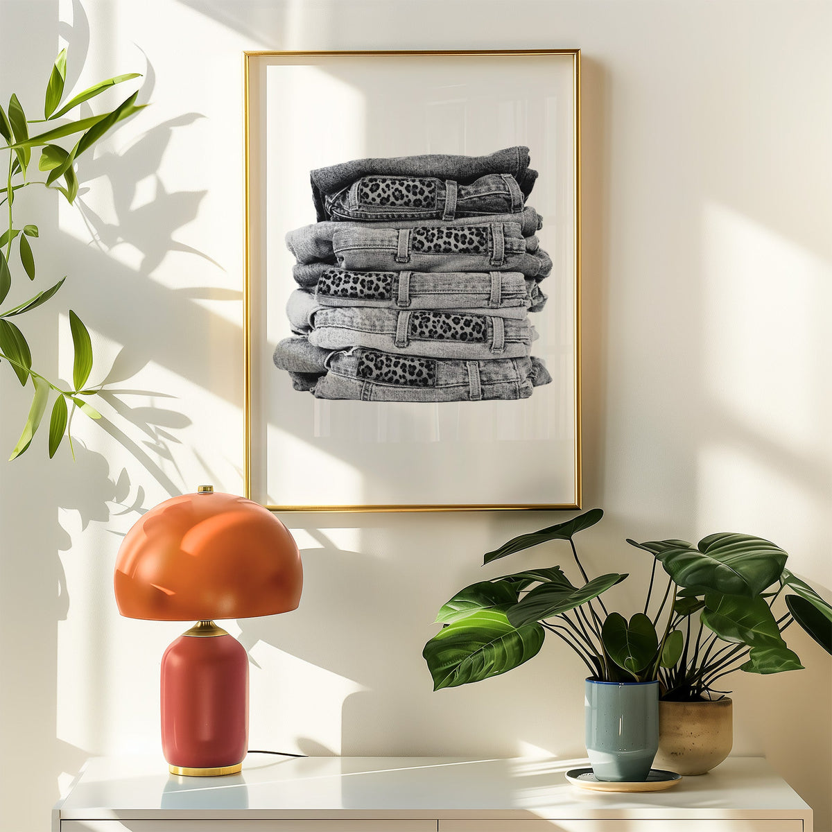 Stack of folded jeans with leopard waist patches print shown in a gold frame above a white sideboard with an orange lamp