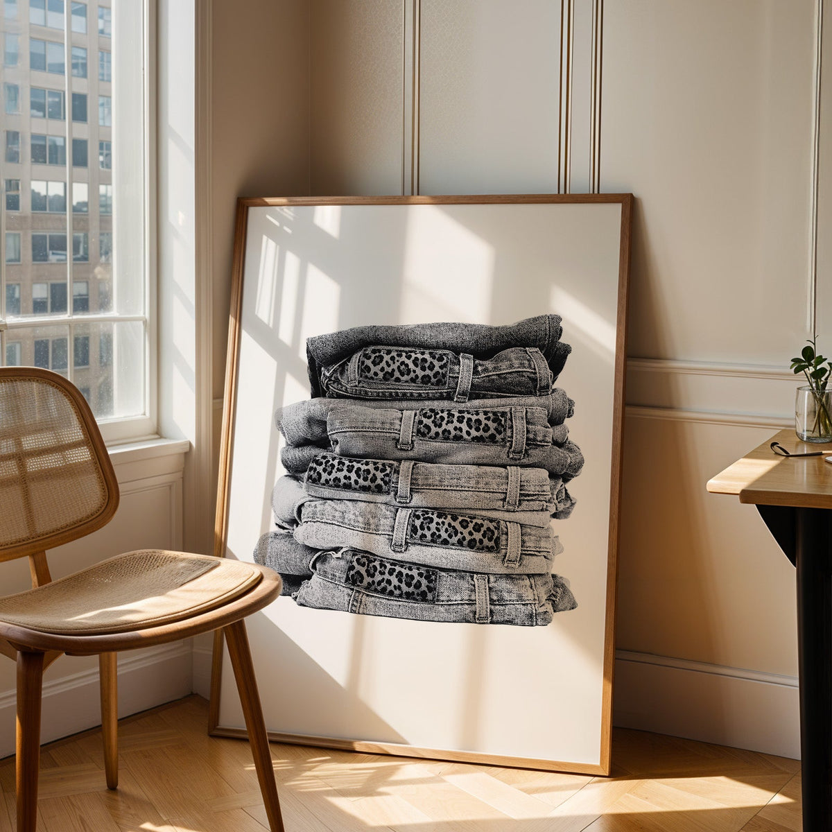 Stack of folded jeans with leopard waist patches print in an oak frame leaning in a sunlit corner beside a cane chair