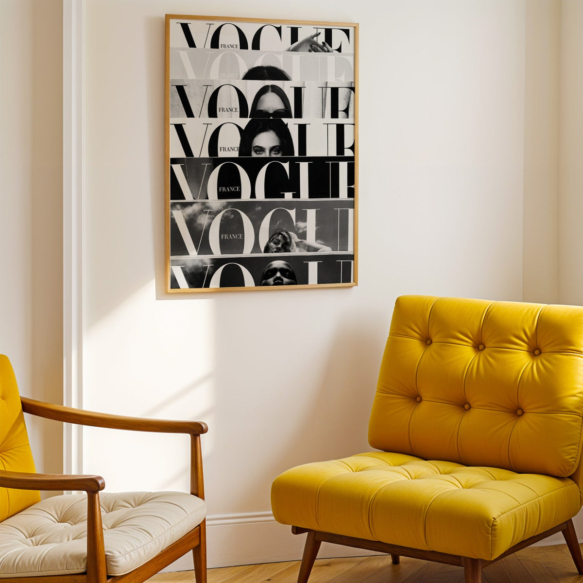 Seven cropped magazine cover strips with face print shown in a gold frame above a mustard yellow tufted armchair