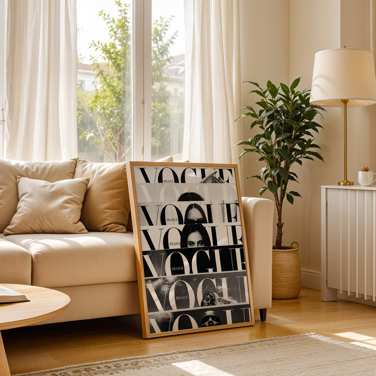 Seven cropped magazine cover strips with face print in a light oak frame leaning on a cream sofa beside a floor lamp