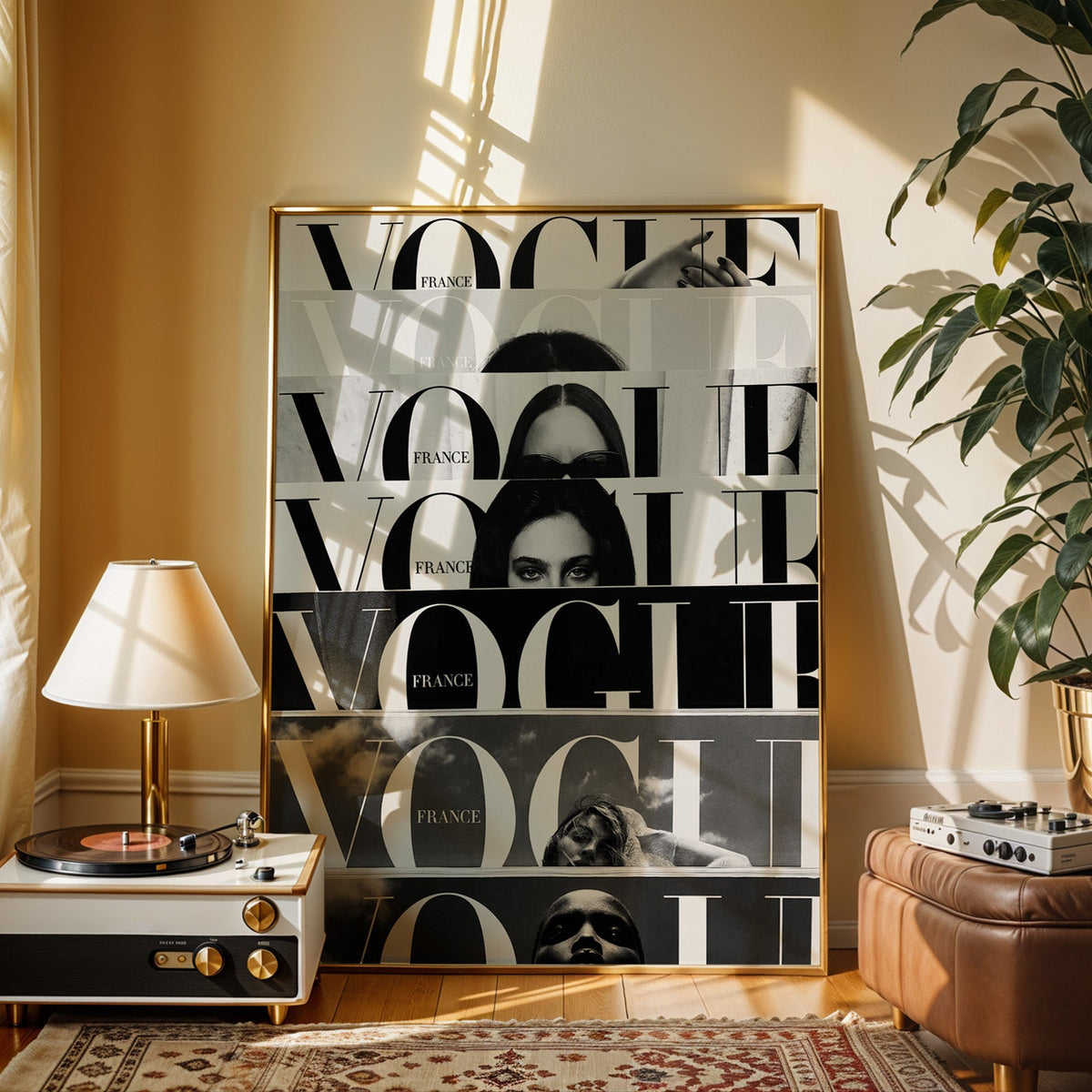 Seven cropped magazine cover strips with face print shown in a gold frame beside a record player and table lamp