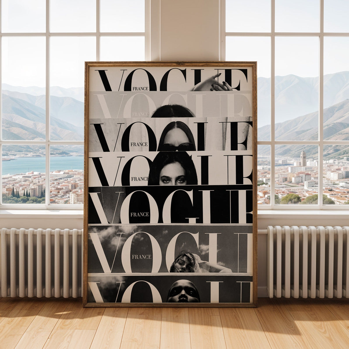 Seven cropped magazine cover strips with face print shown in an antique gold frame by tall windows with a sea view