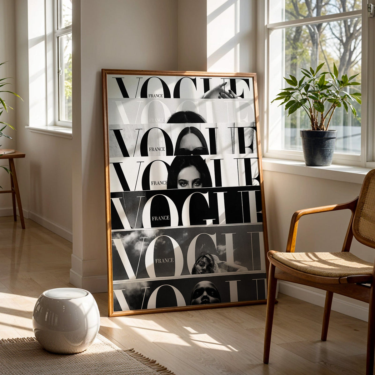 Seven cropped magazine cover strips with face print in a walnut frame on a wood floor beside a cane chair and sunny window