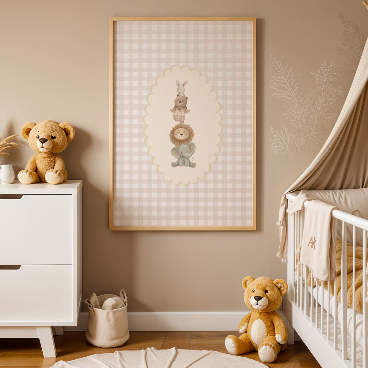 Stacked baby animals in oval on gingham nursery print in an oak frame between a white dresser and a canopy crib