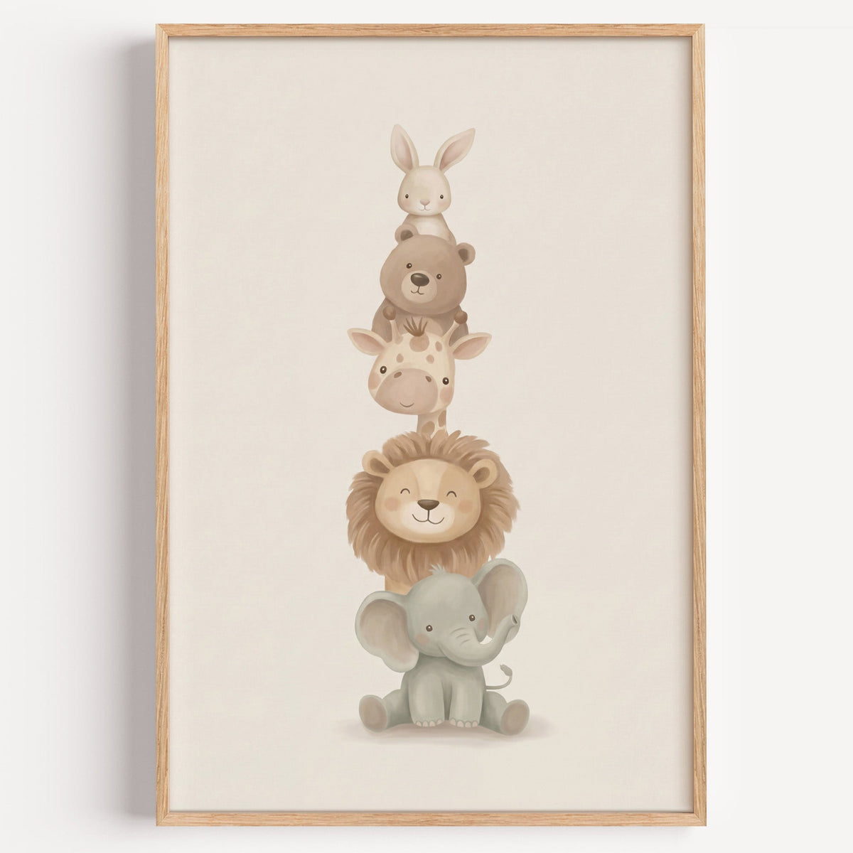 Five baby animals stacked in a tower nursery print in a light oak frame on a plain white wall