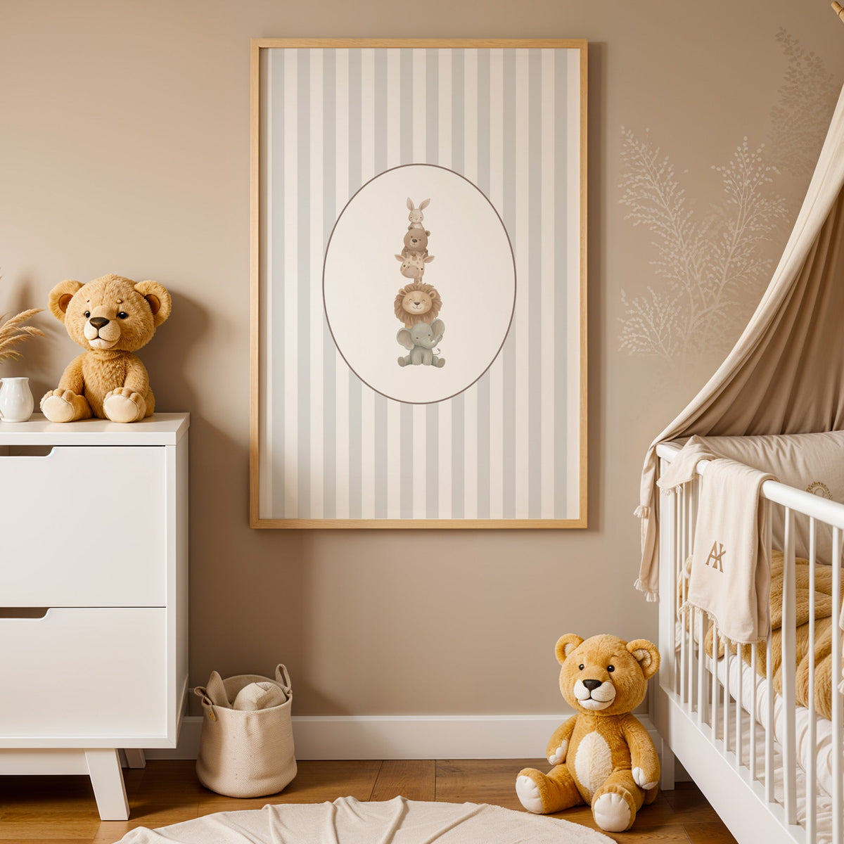 Stacked safari animals on grey stripes nursery print in an oak frame between a white dresser and a canopy crib