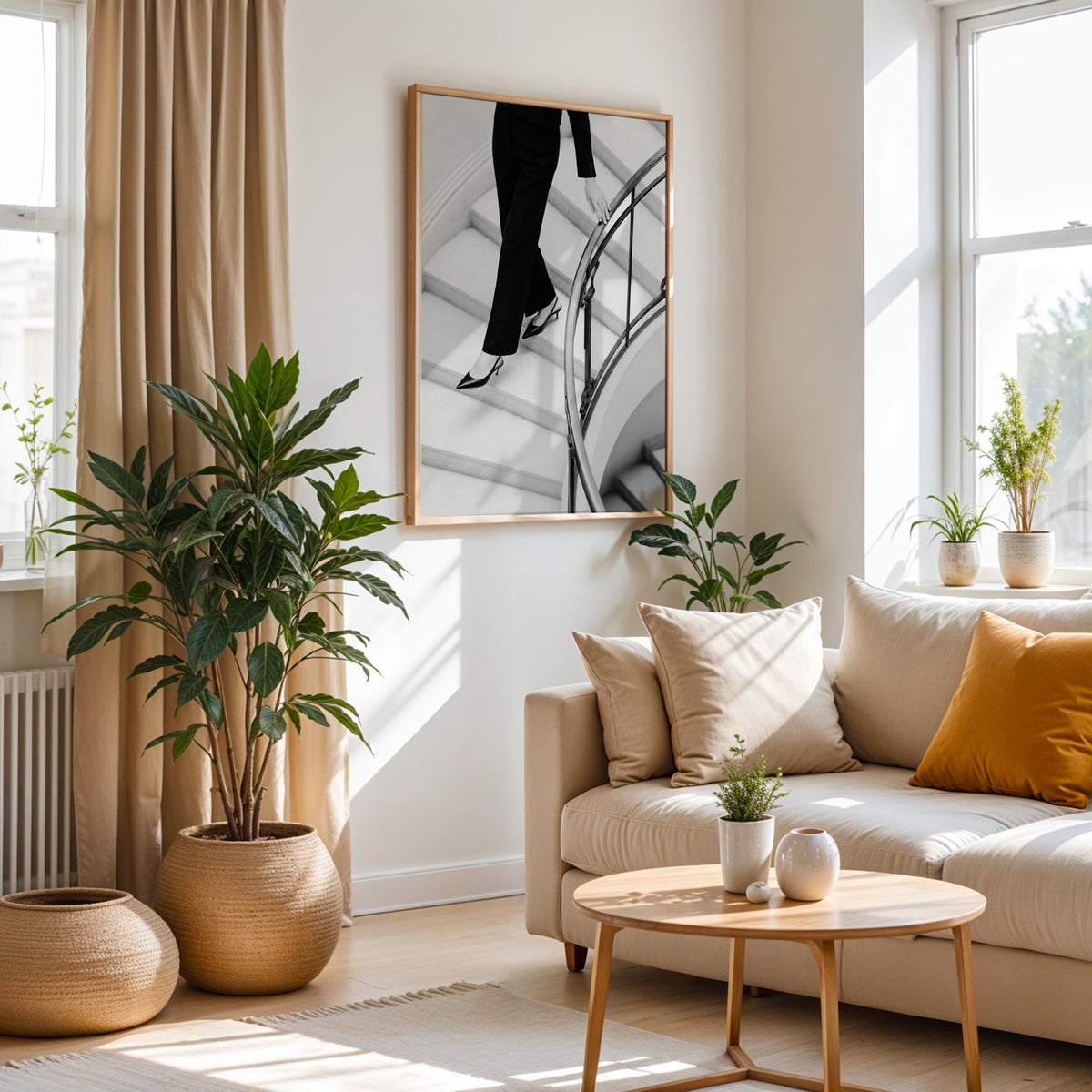 Black trousers and slingback heels on curved stairs print in an oak frame above a cream sofa beside woven planters