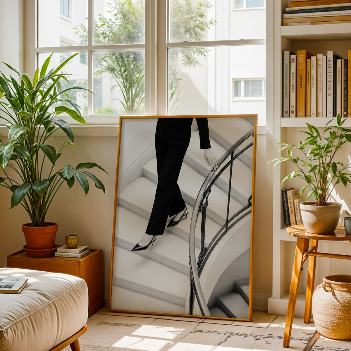 Black trousers and slingback heels on curved stairs print shown in a brass frame leaning on a sunlit living room floor