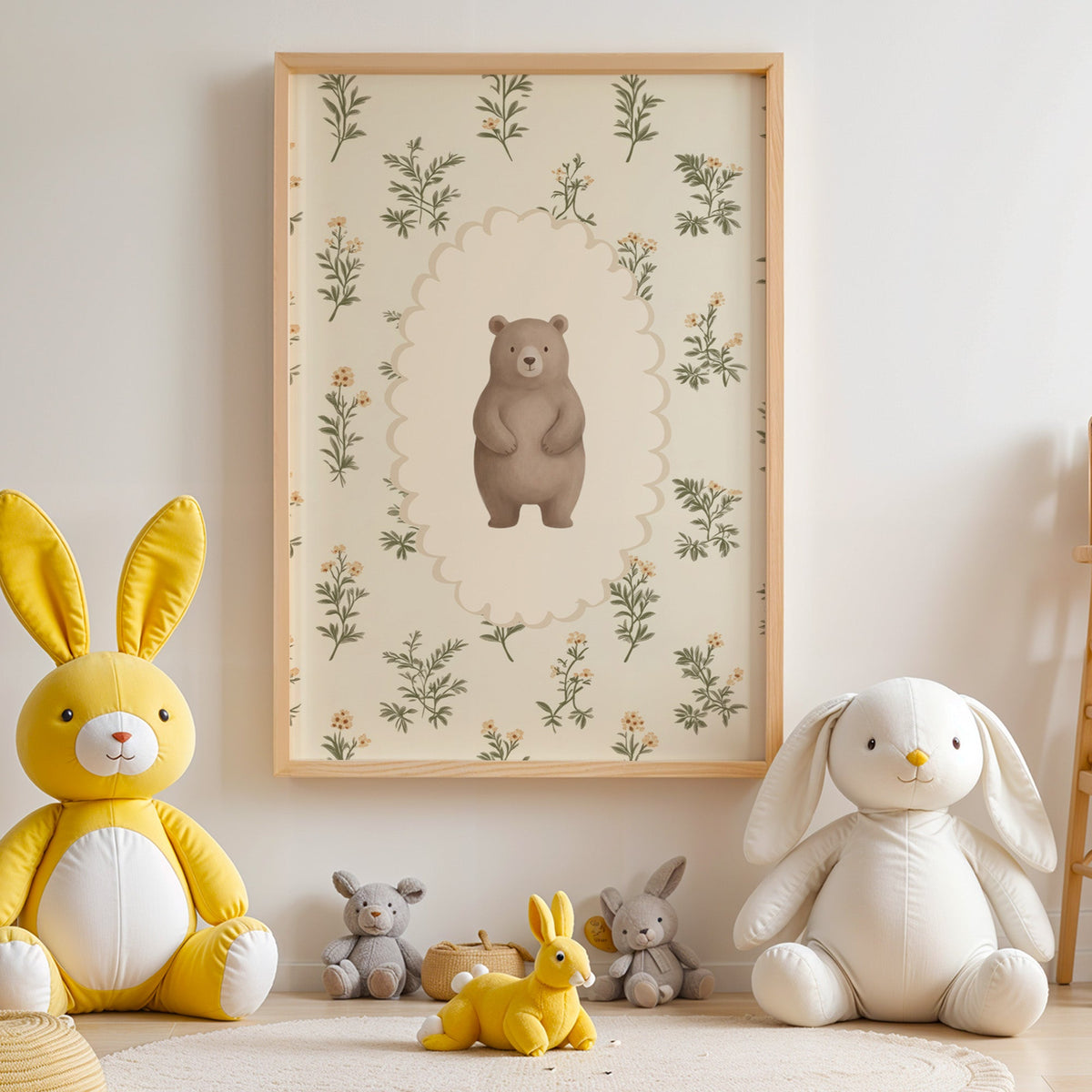 Standing bear on wildflower wallpaper nursery print in an oak frame above yellow and white plush bunnies