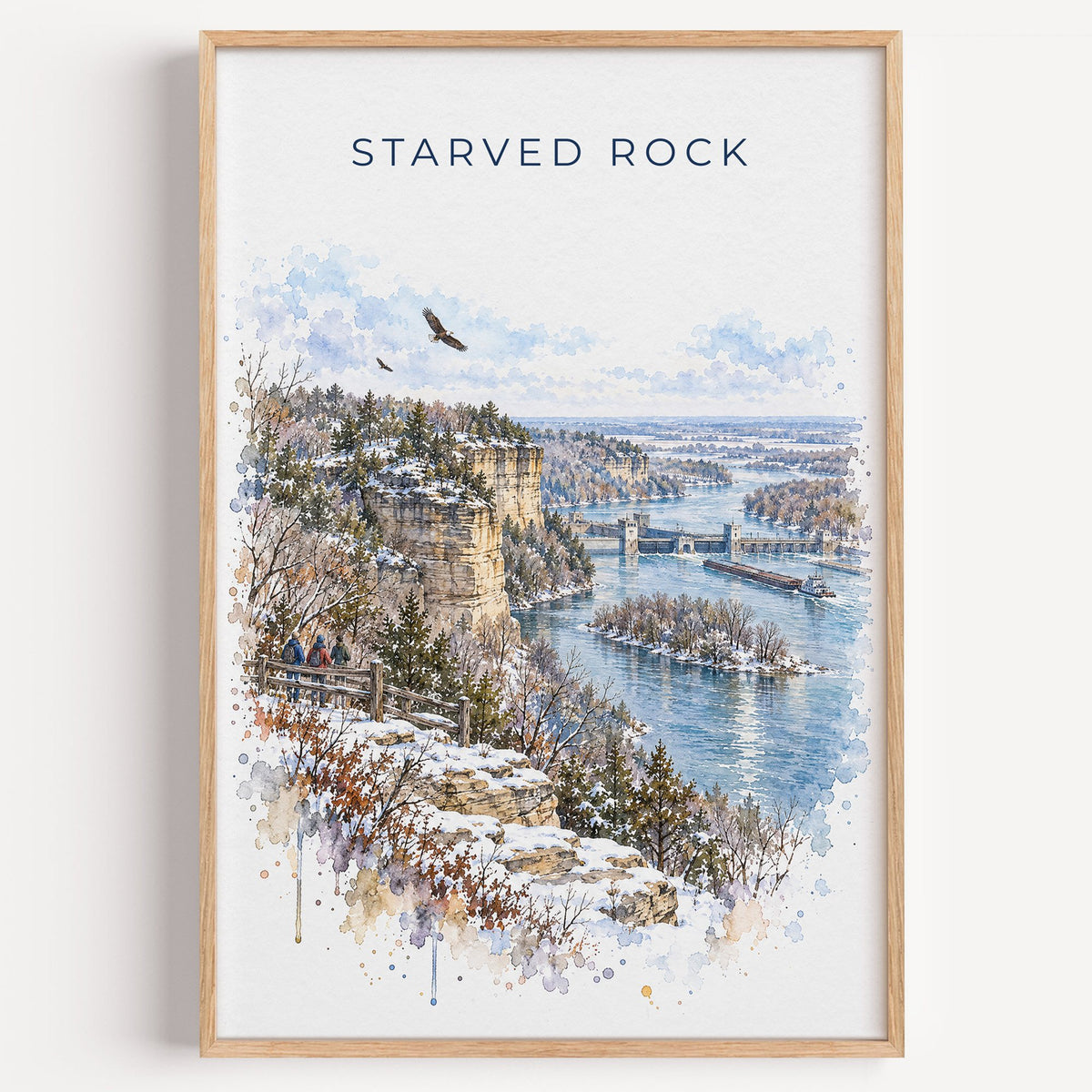 Starved Rock watercolor print in a light oak frame on a plain white wall