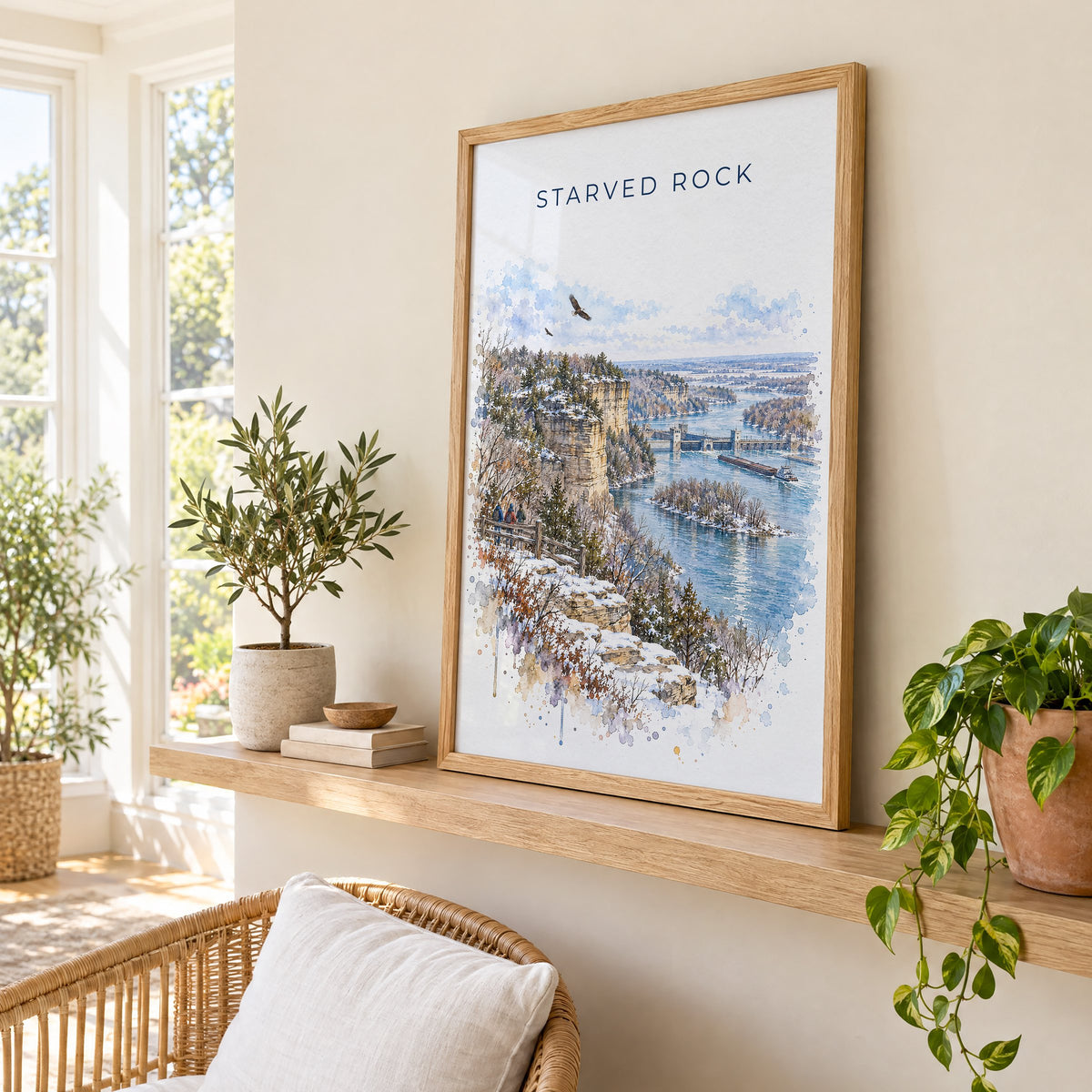 Starved Rock watercolor print in an oak frame on a picture ledge in a sunlit sunroom