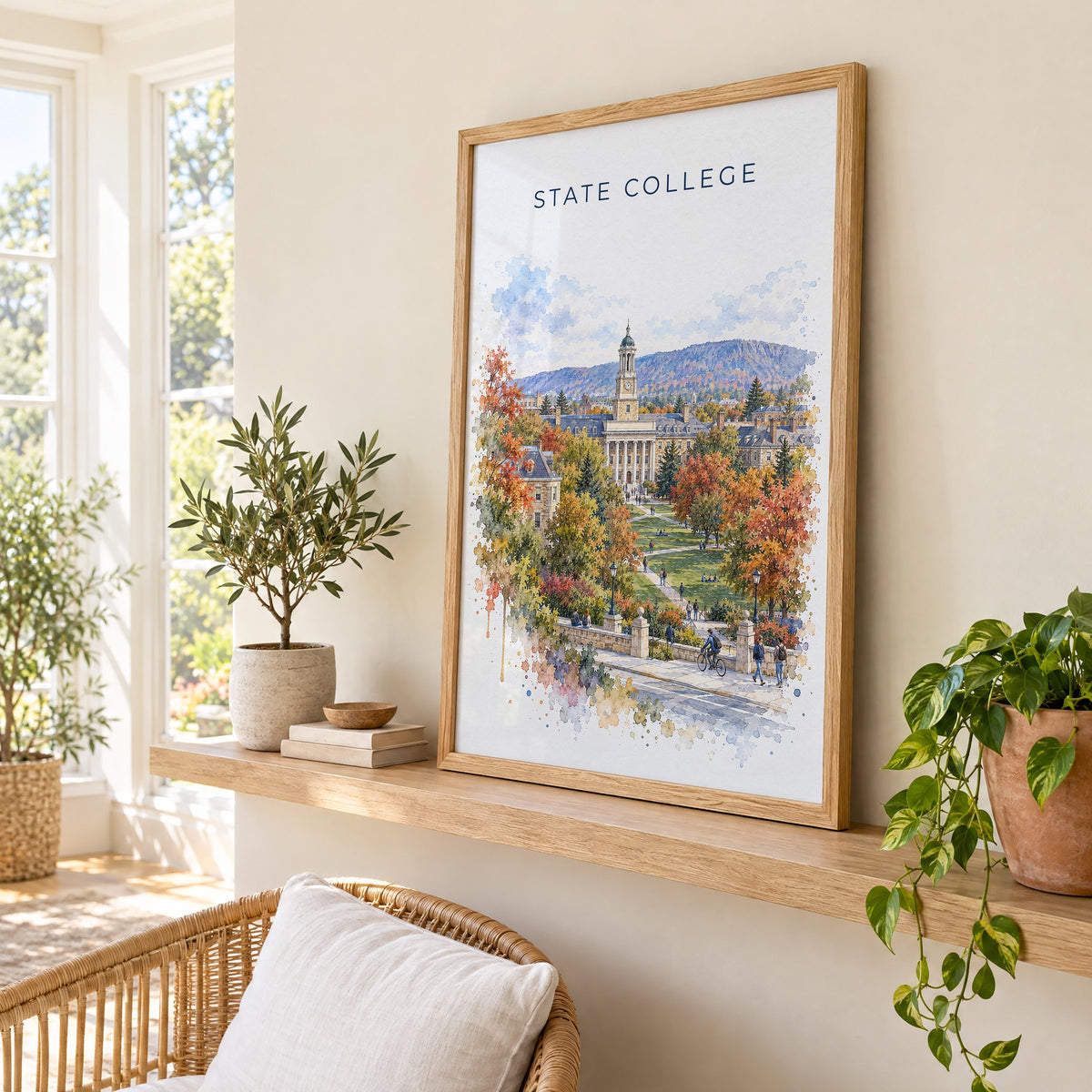 State College watercolor print in an oak frame on a picture ledge in a sunlit sunroom