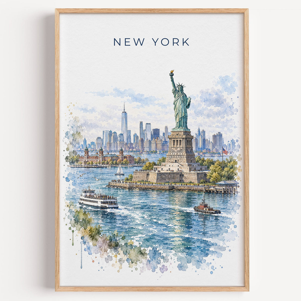 Statue of Liberty watercolor print in a light oak frame on a plain white wall
