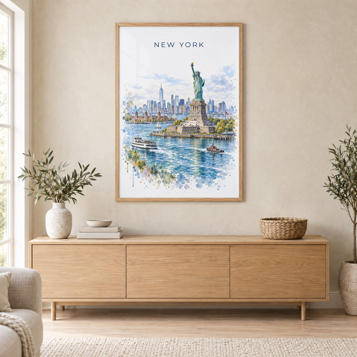 Statue of Liberty watercolor print in an oak frame above a light wood sideboard in a Scandinavian living room