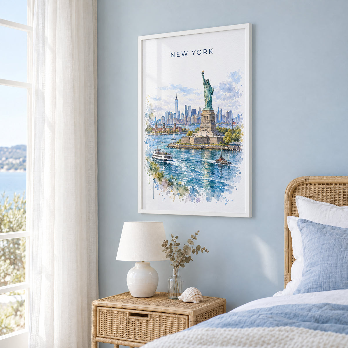 Statue of Liberty watercolor print in a white frame on a pale blue wall beside a rattan bed in a coastal bedroom