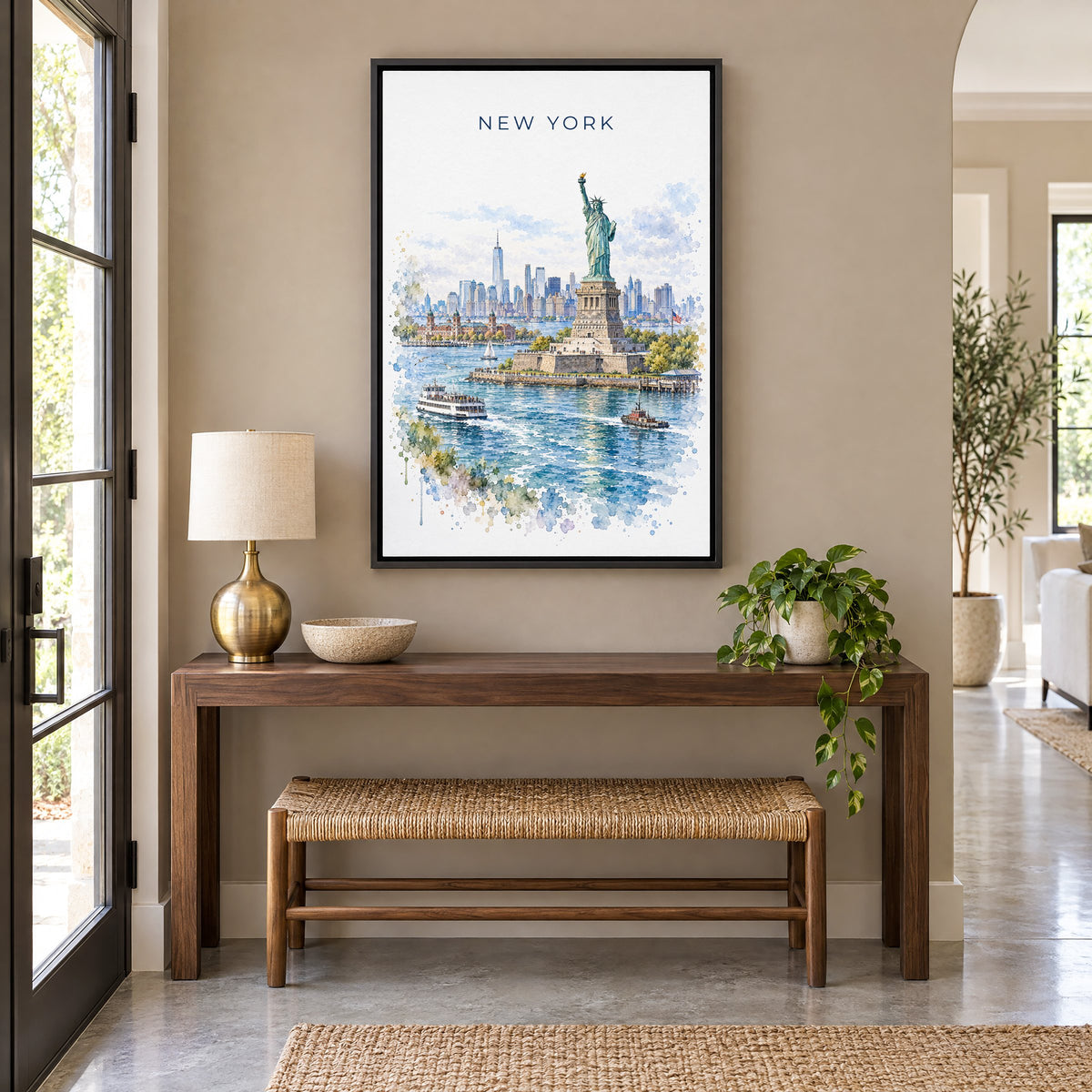Statue of Liberty watercolor print as a black floater canvas above a walnut console and woven bench in an entryway
