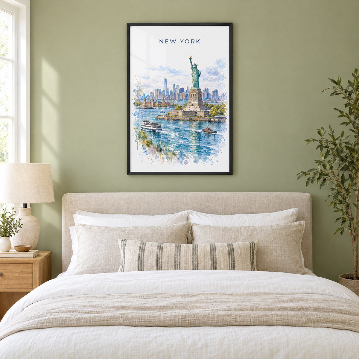 Statue of Liberty watercolor print in a black frame above an upholstered headboard in a sage green bedroom