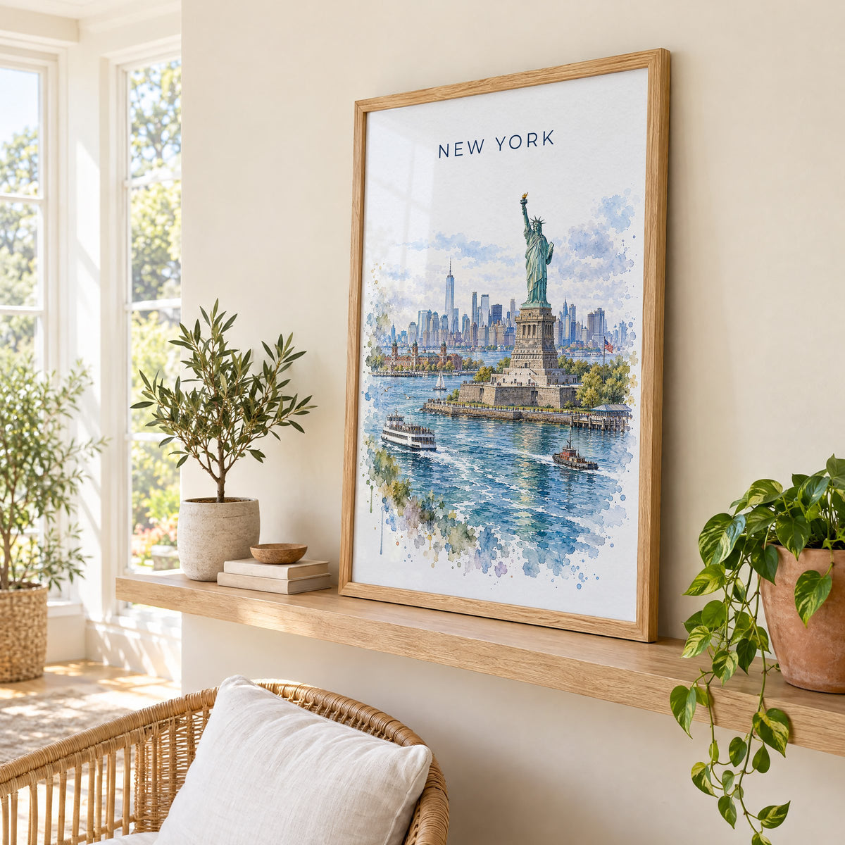 Statue of Liberty watercolor print in an oak frame on a picture ledge in a sunlit sunroom