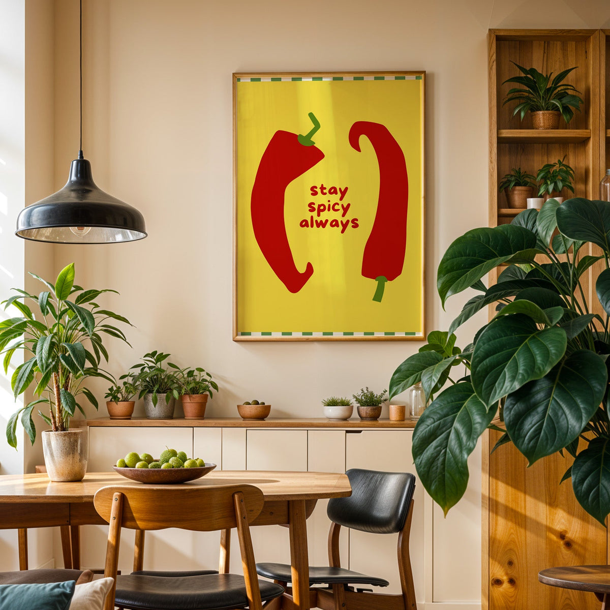 Stay Spicy Always print in an oak frame in a dining room above a plant-lined sideboard