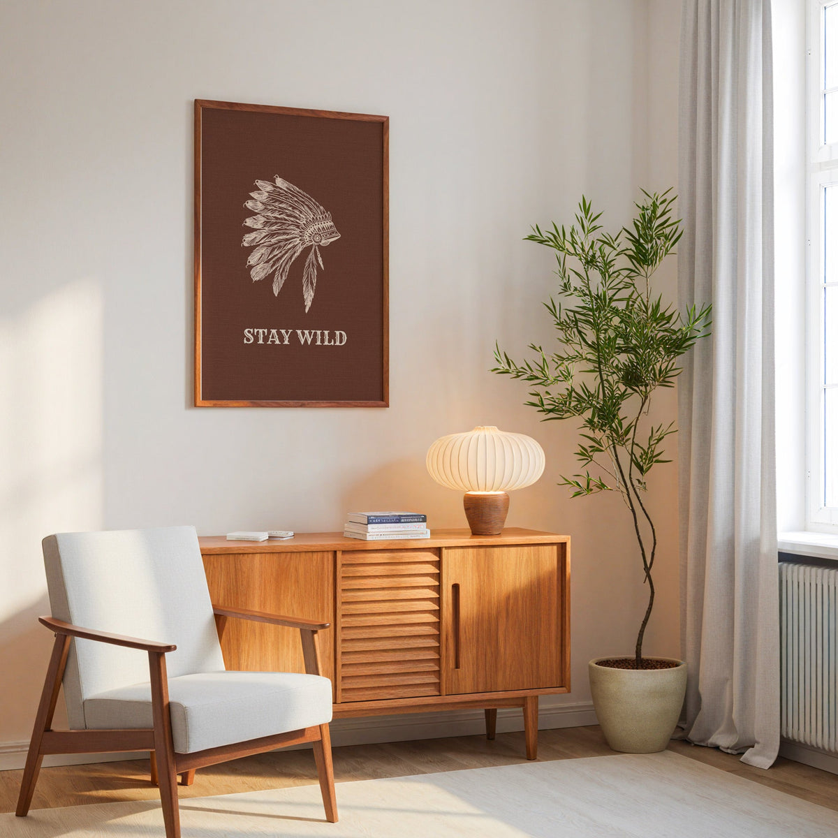 Stay Wild war bonnet brown print in an oak frame above a mid-century sideboard