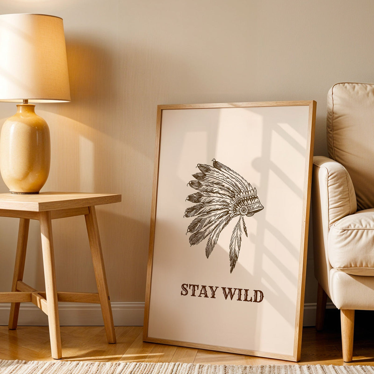 Stay Wild war bonnet cream print in an oak frame beside an amber ceramic lamp