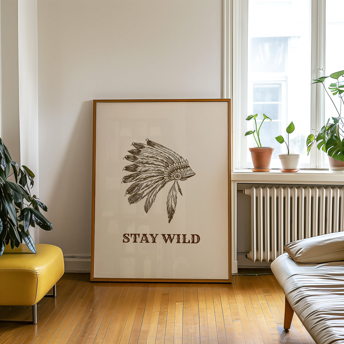 Stay Wild war bonnet cream print in an oak frame on a parquet floor beside a yellow bench