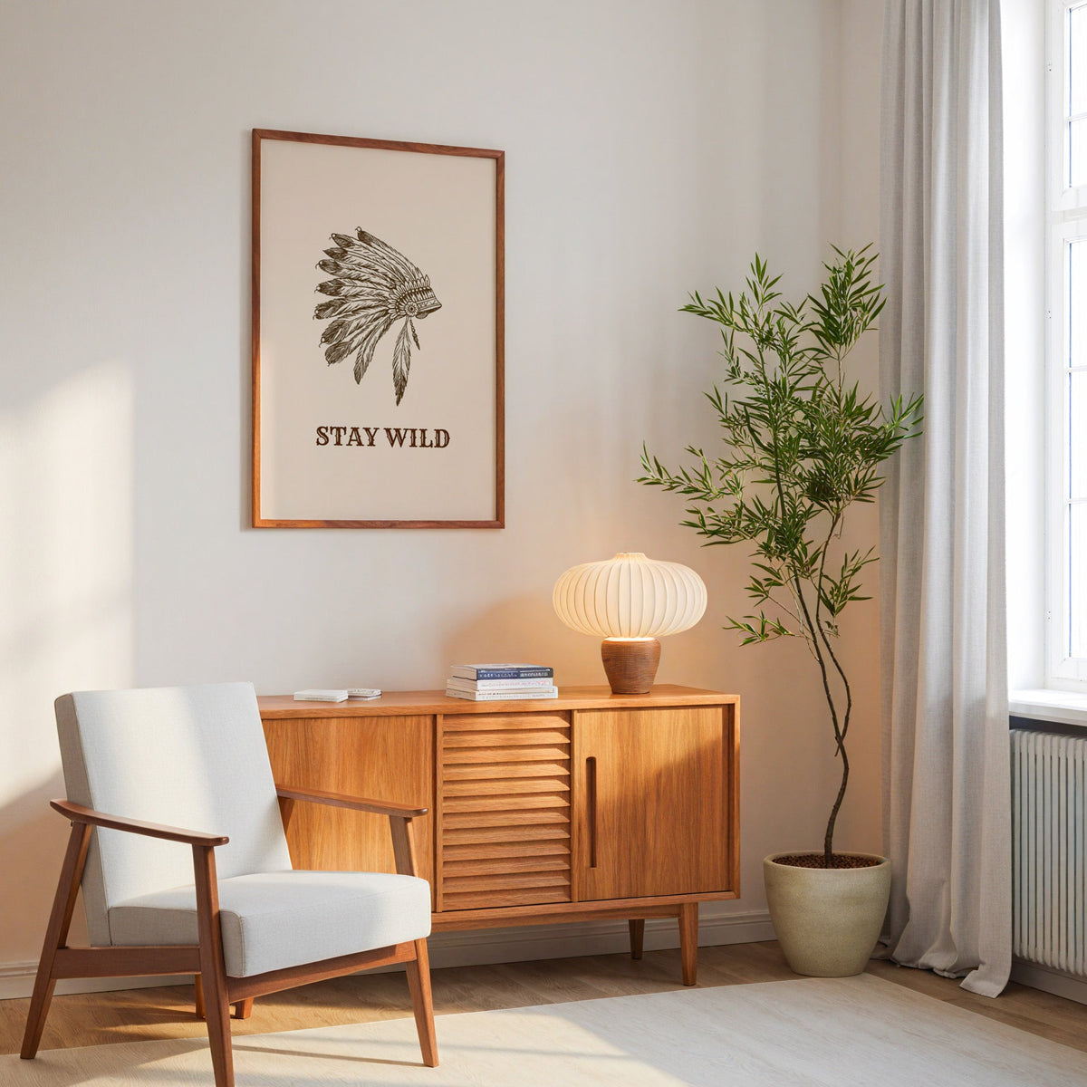 Stay Wild war bonnet cream print in an oak frame above a mid-century sideboard