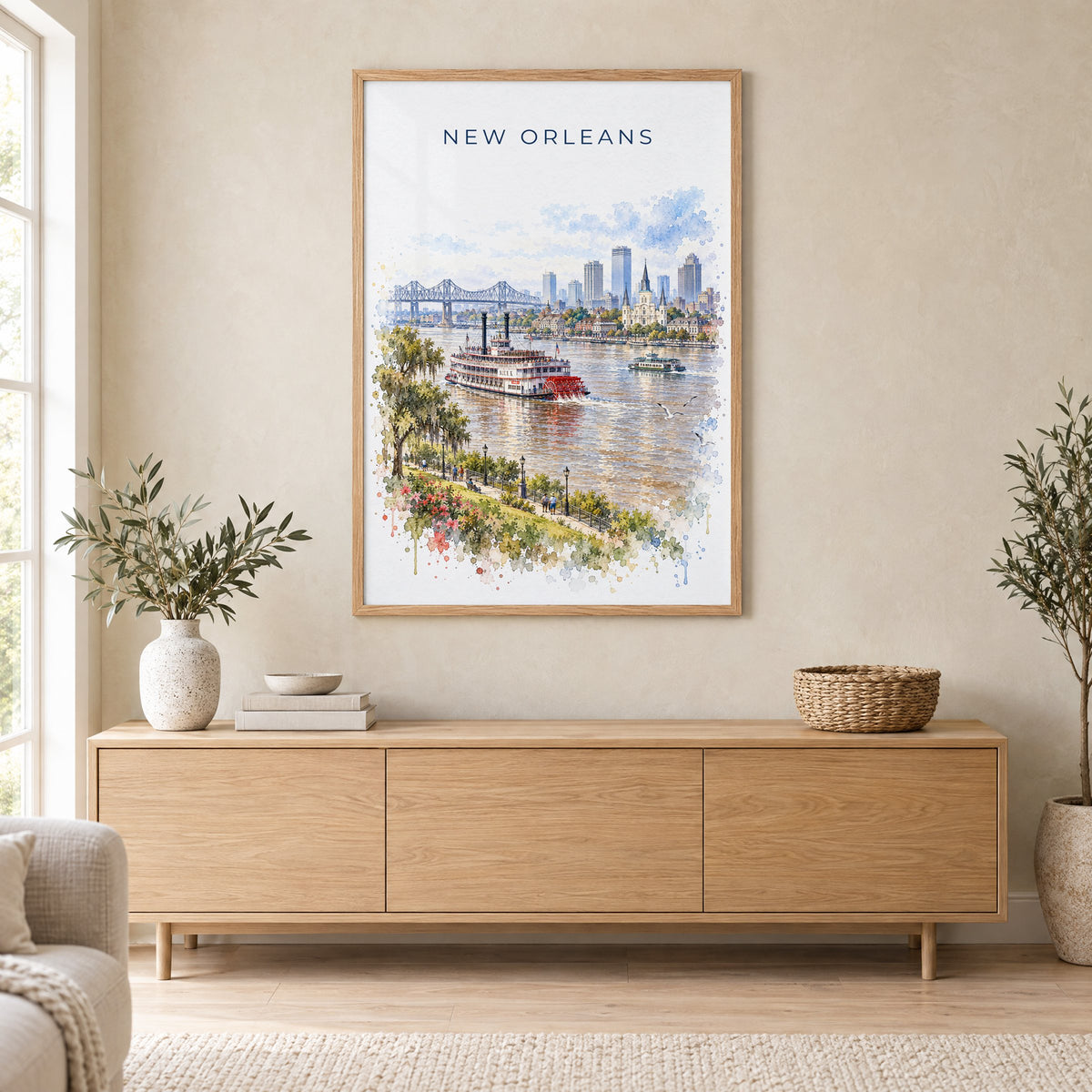 Steamboat Natchez watercolor print in an oak frame above a light wood sideboard in a Scandinavian living room