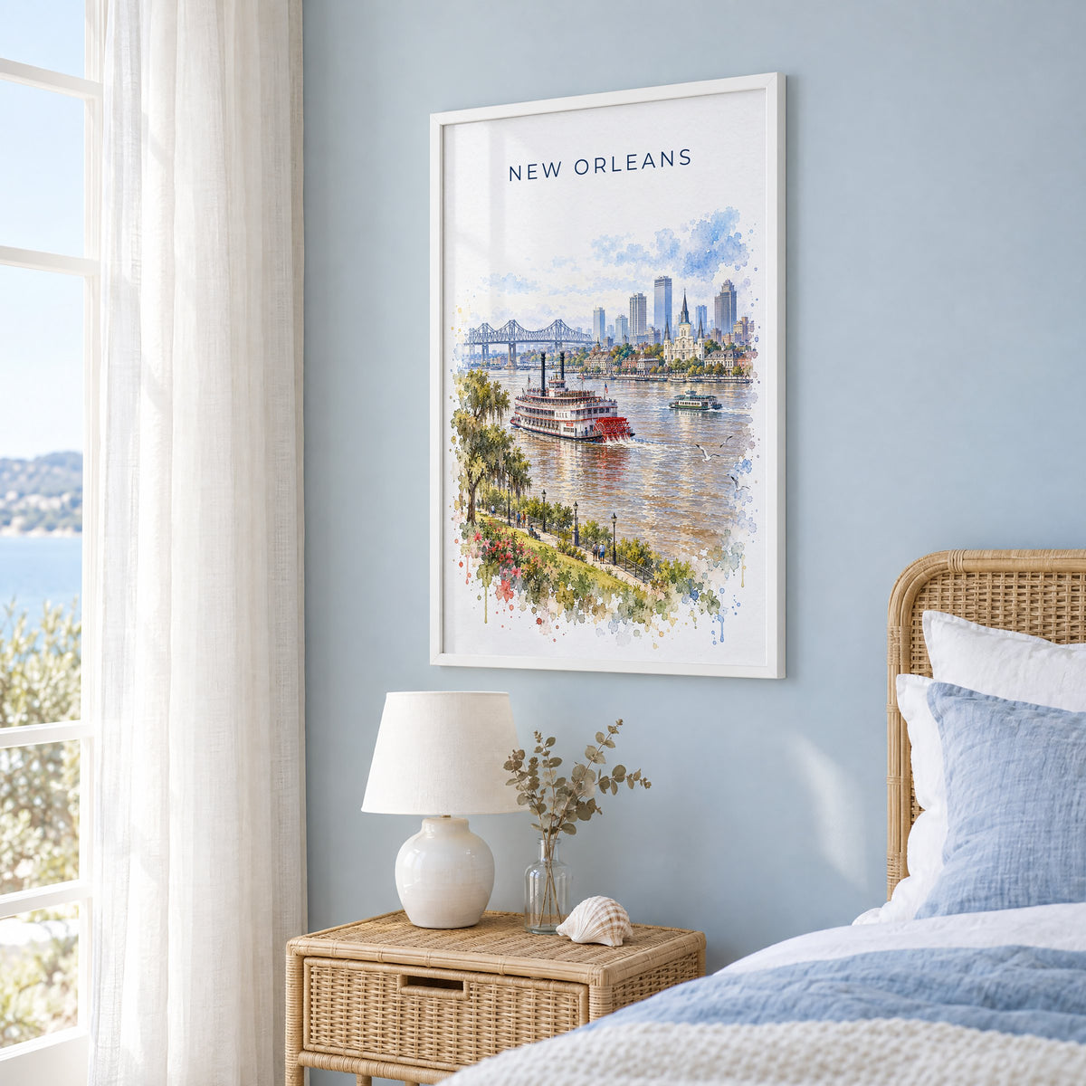 Steamboat Natchez watercolor print in a white frame on a pale blue wall beside a rattan bed in a coastal bedroom