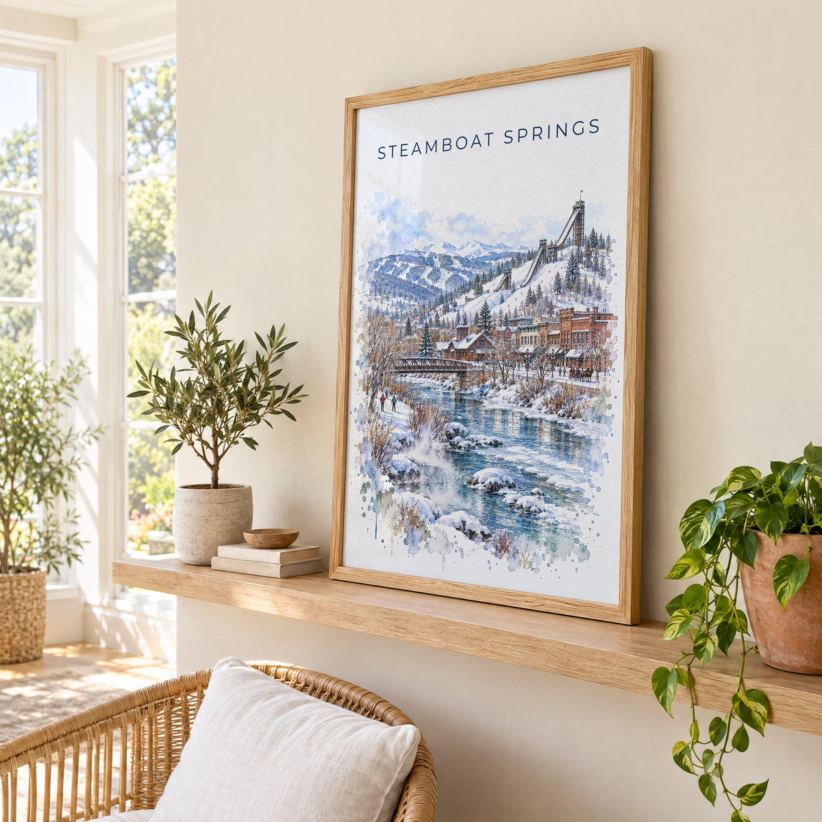 Steamboat Springs watercolor print in an oak frame on a picture ledge in a sunlit sunroom