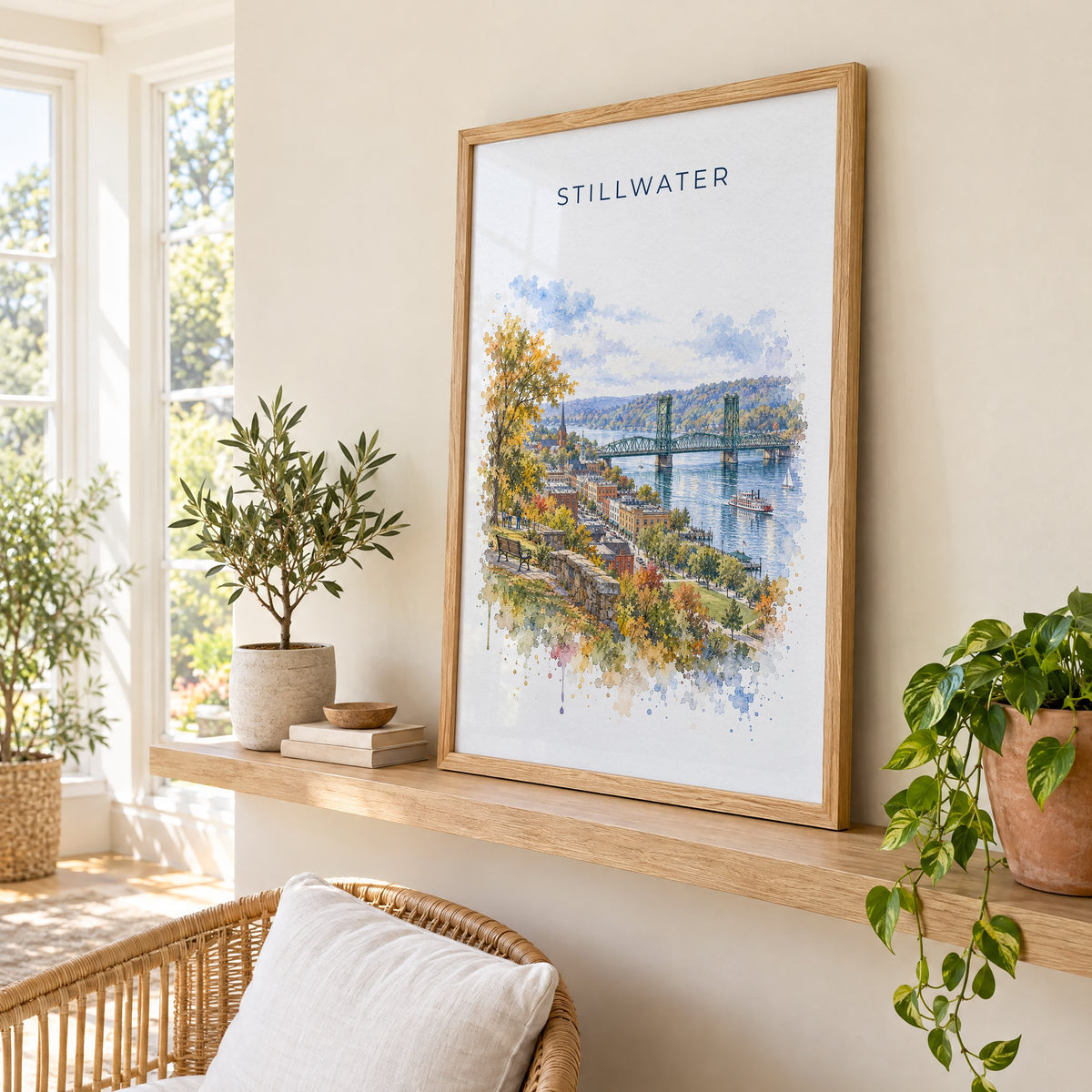 Stillwater, Minnesota watercolor print in an oak frame on a picture ledge in a sunlit sunroom
