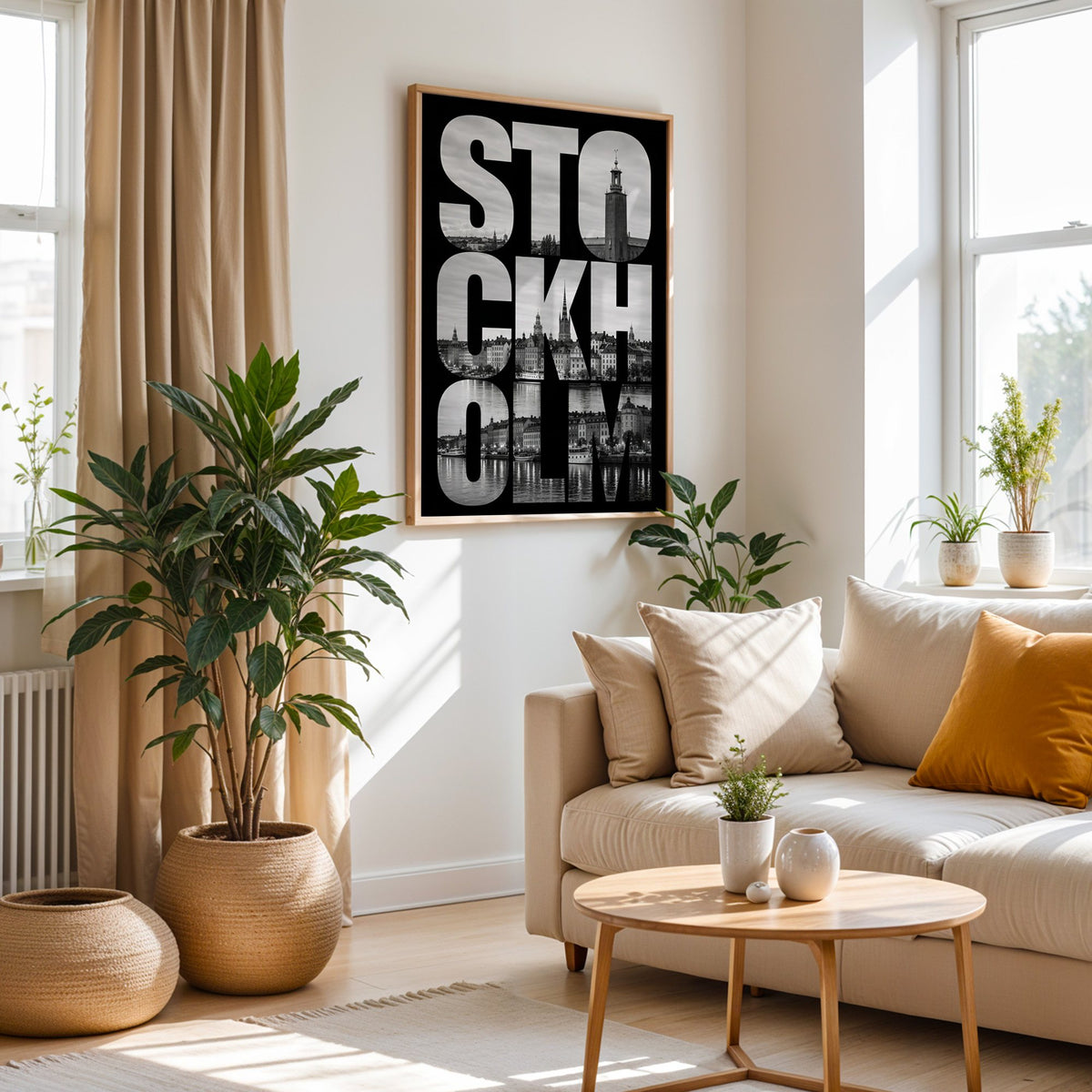 Stockholm letters filled with city photo print in an oak frame above a cream sofa beside woven planters
