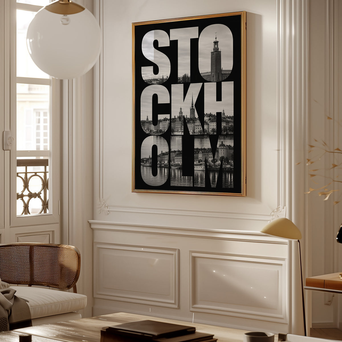 Stockholm letters filled with city photo print shown in a gold frame in a Parisian paneled living room