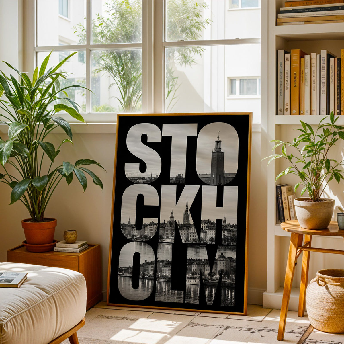 Stockholm letters filled with city photo print shown in a brass frame leaning on a sunlit living room floor