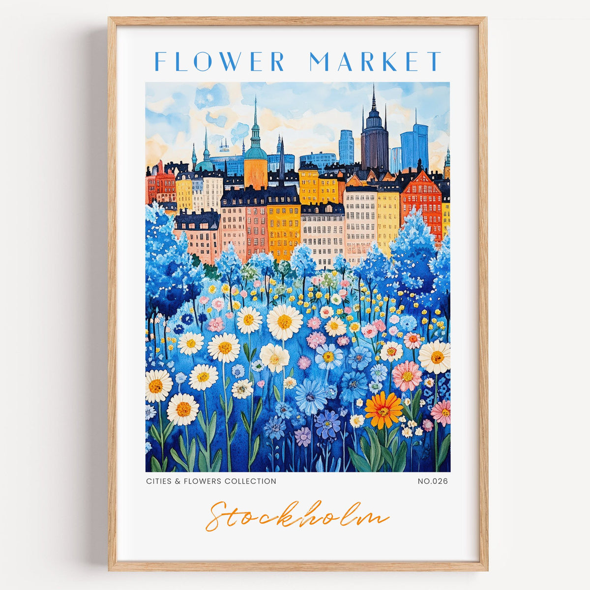 Stockholm flower market print in a light oak frame on a plain white wall