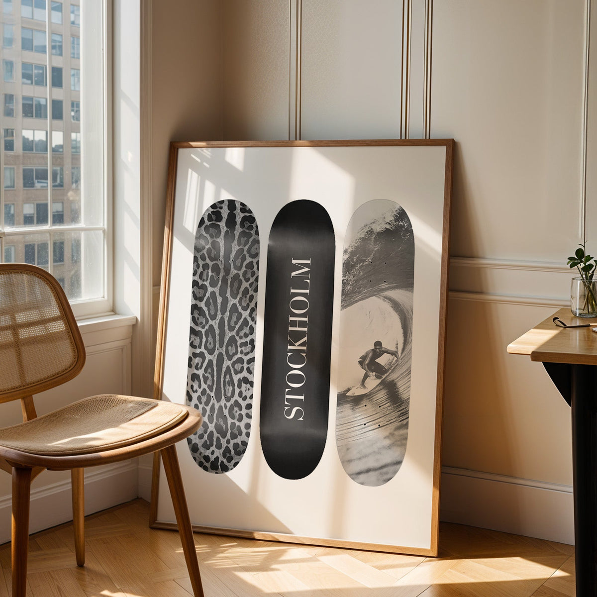 Three skateboards with leopard spots, Stockholm deck, surfer in an oak frame leaning in a sunlit corner beside a cane chair