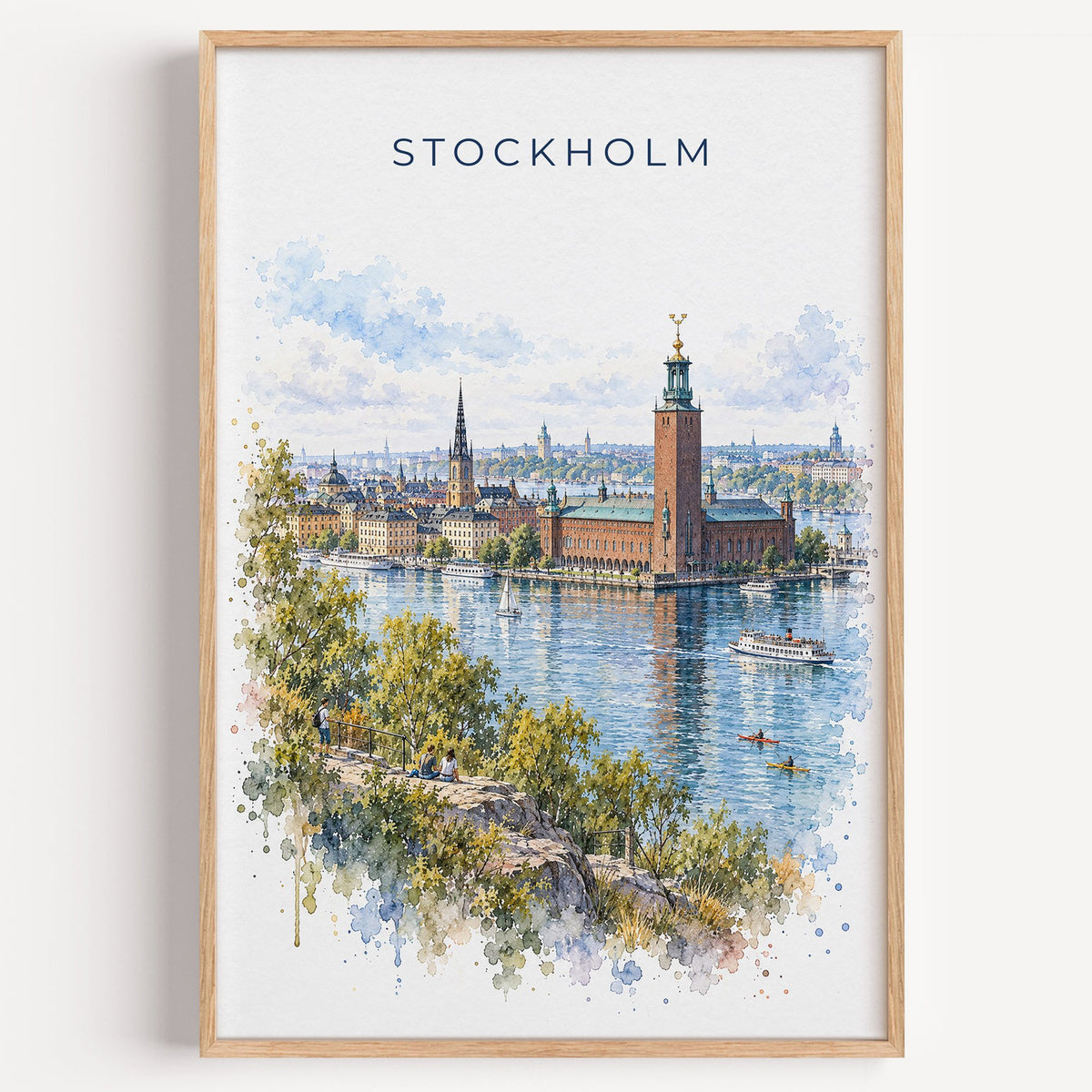 Stockholm watercolor print in a light oak frame on a plain white wall
