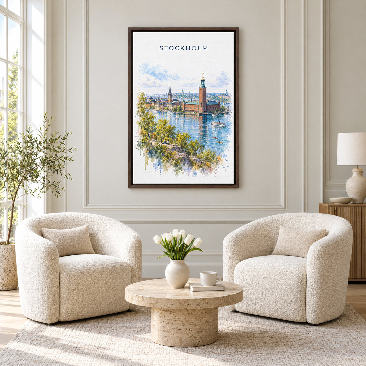 Stockholm watercolor print as an espresso floater canvas above two boucle armchairs in a hotel lounge